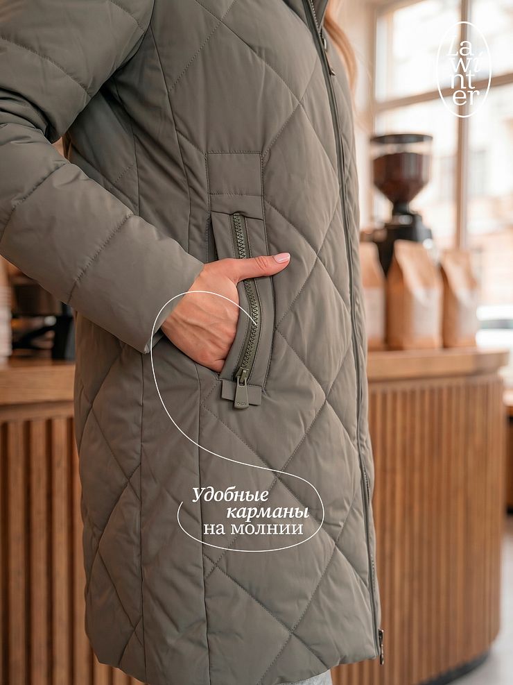 Пальто женское демисезонное LAWINTER, серый хаки, модель 8418