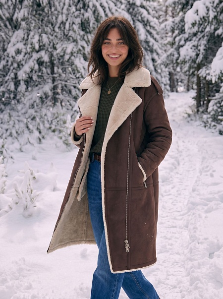 Дубленка женская зимняя LAWINTER, коричневая, модель 34253