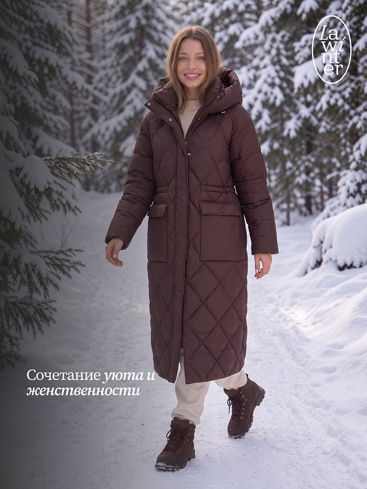 Пуховик женский зимний LAWINTER, коричневый, модель 84944