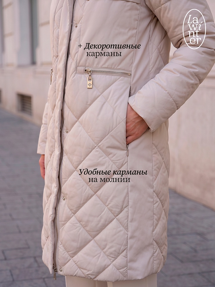 Пальто женское демисезонное LAWINTER, светло-бежевое, модель 83462