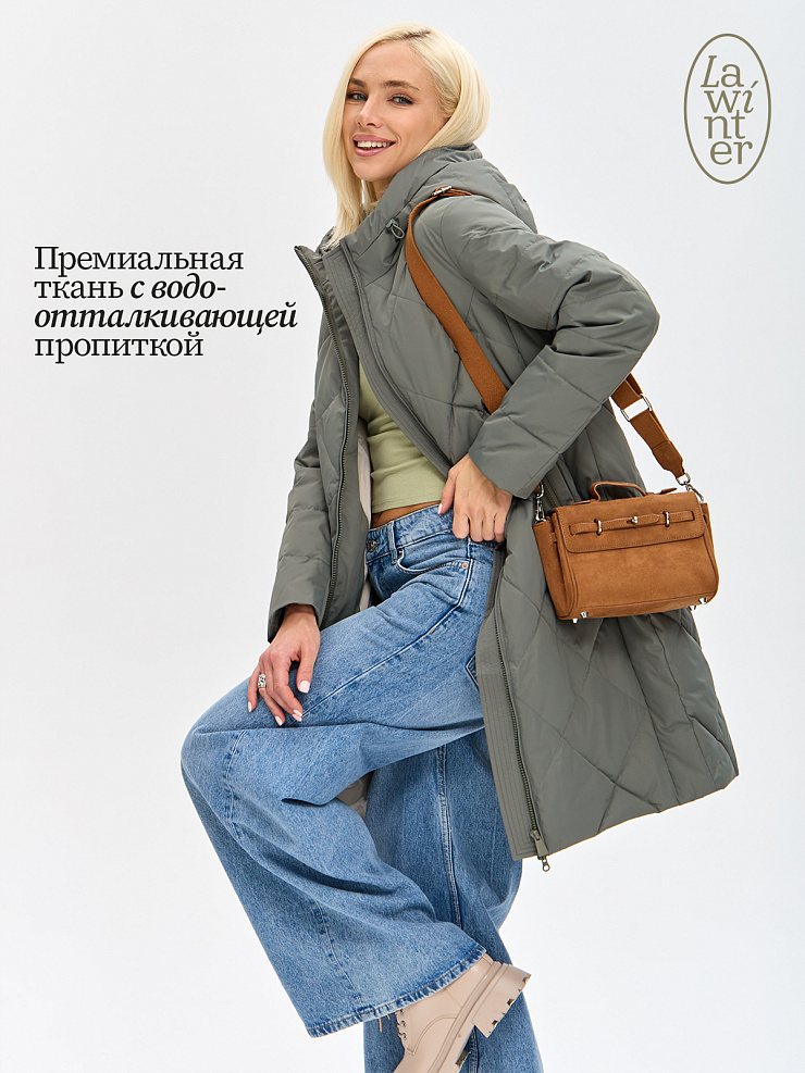 Пальто женское демисезонное LAWINTER, серый хаки, модель 8418
