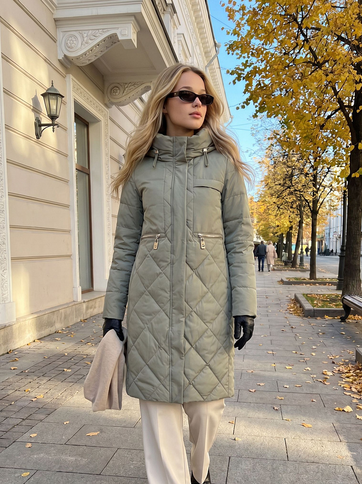 Пальто женское демисезонное LAWINTER, серый хаки, модель 83462