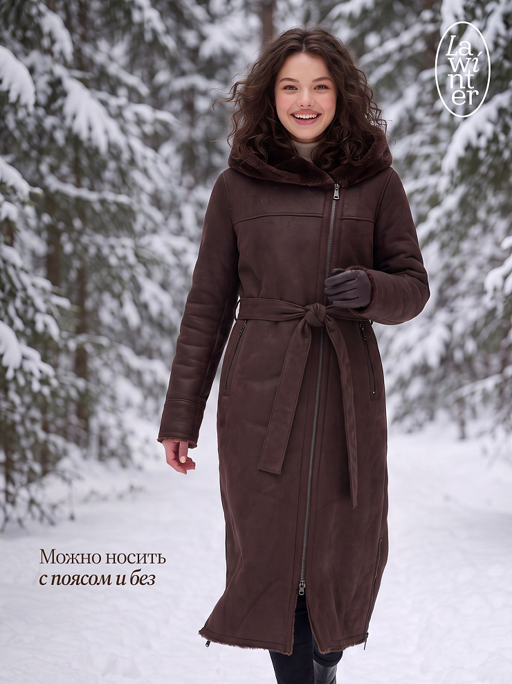 Дубленка женская зимняя LAWINTER, коричневая, модель 36910