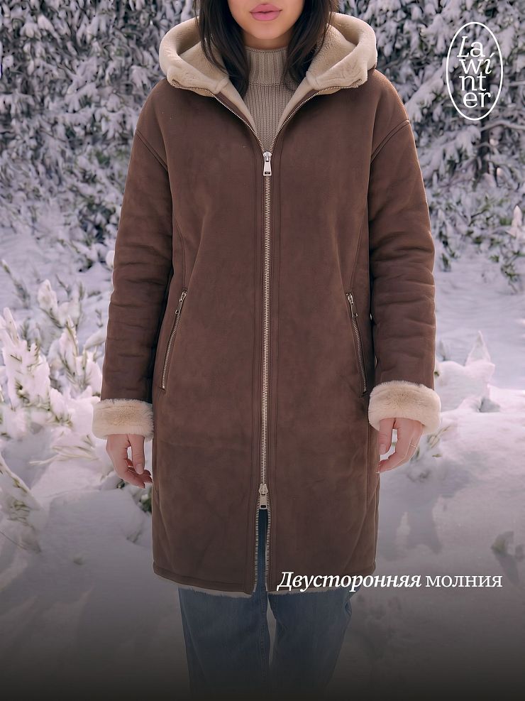 Дубленка женская зимняя LAWINTER, коричневая, модель 35475