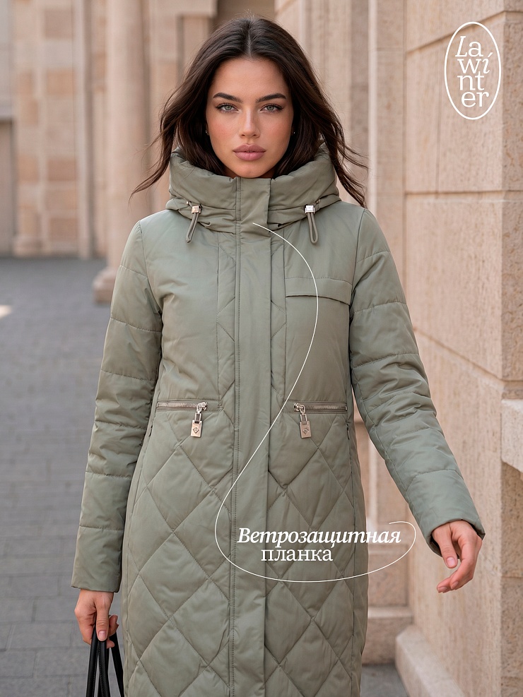 Пальто женское демисезонное LAWINTER, серый хаки, модель 83462