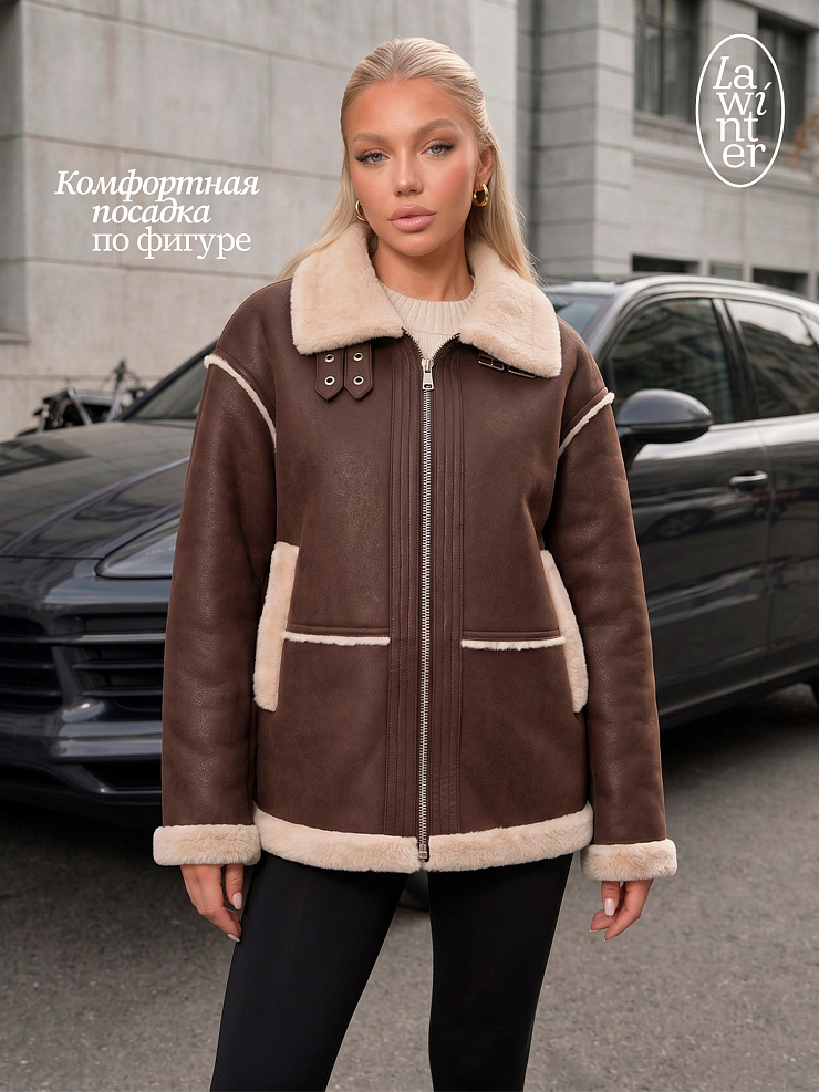 Дубленка женская зимняя LAWINTER, коричневая, модель 34571
